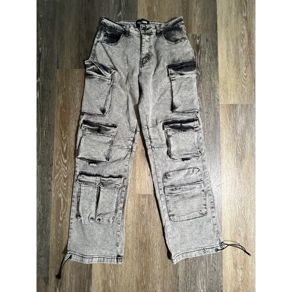 Fashion Nova Cargo Pants Womens 9 Grey Acid‎ Wash Multi Pocket Denim Jeans